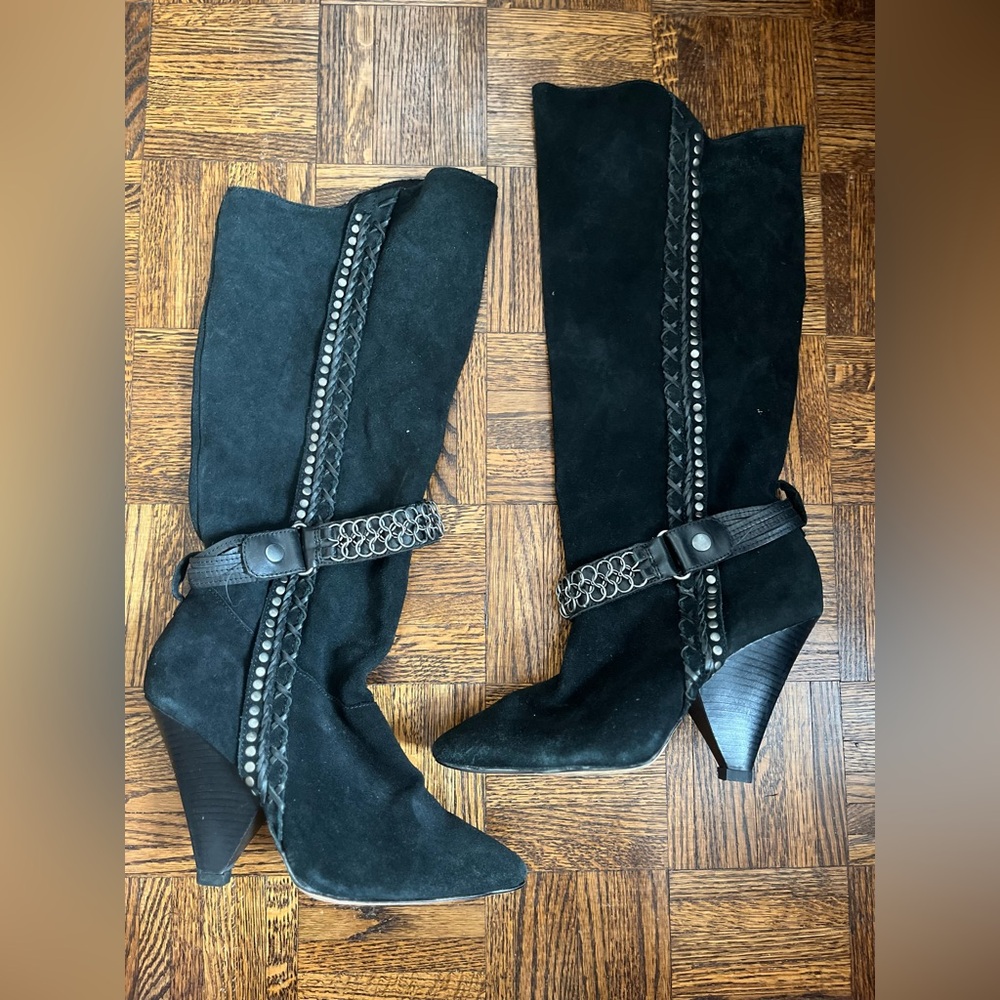 BEBE Black Leather Suede Tall Knee-high Cone Heeled Boots with Buckles - 9M